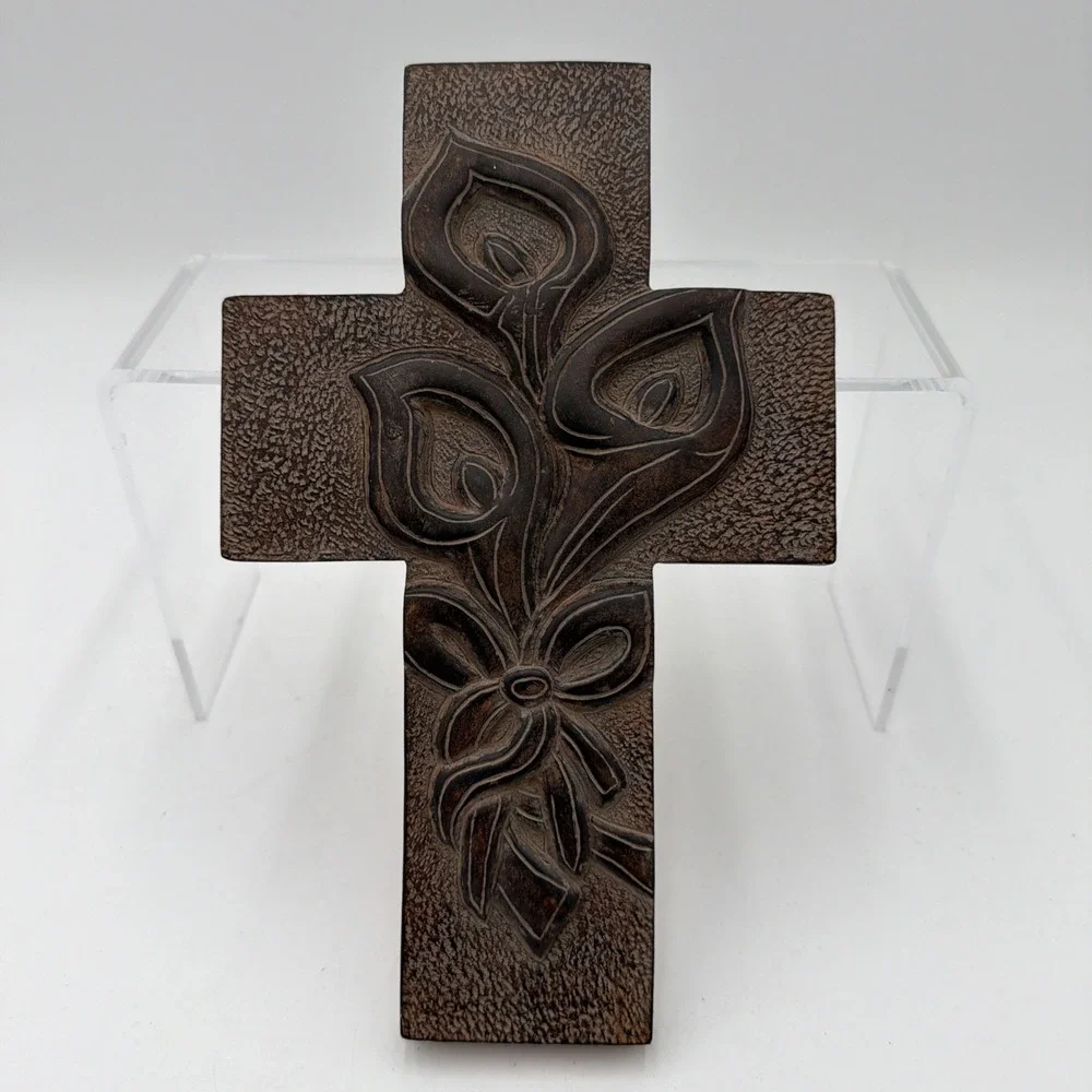 Resin Wall Cross, Calla Lilies, Bow, Antique Finish, Wall Display 9 1/4